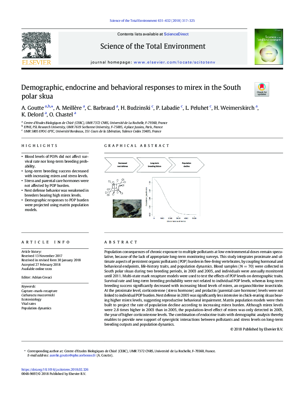 Demographic, endocrine and behavioral responses to mirex in the South polar skua