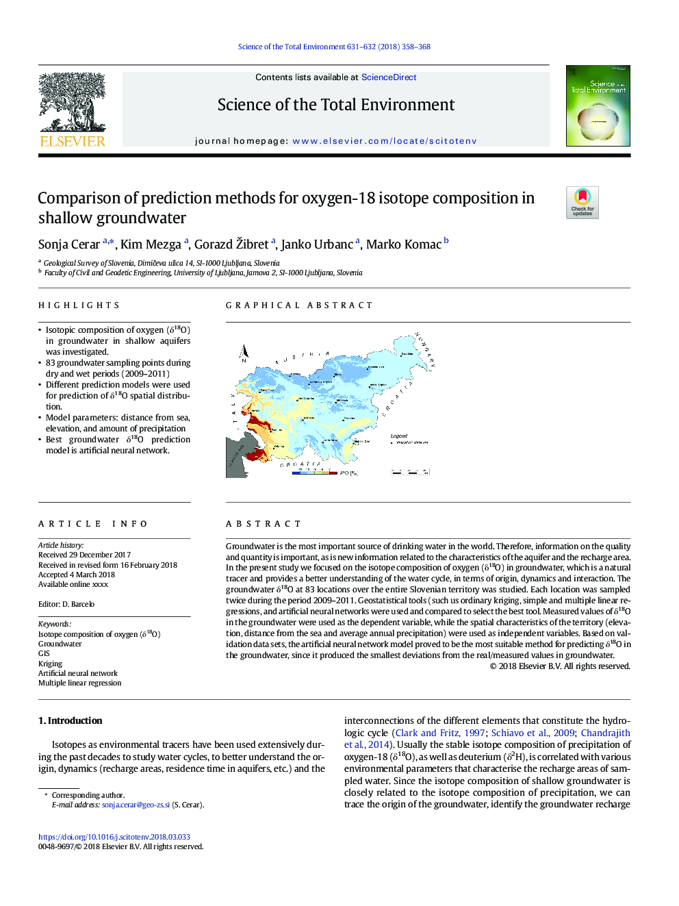 Comparison of prediction methods for oxygen-18 isotope composition in shallow groundwater