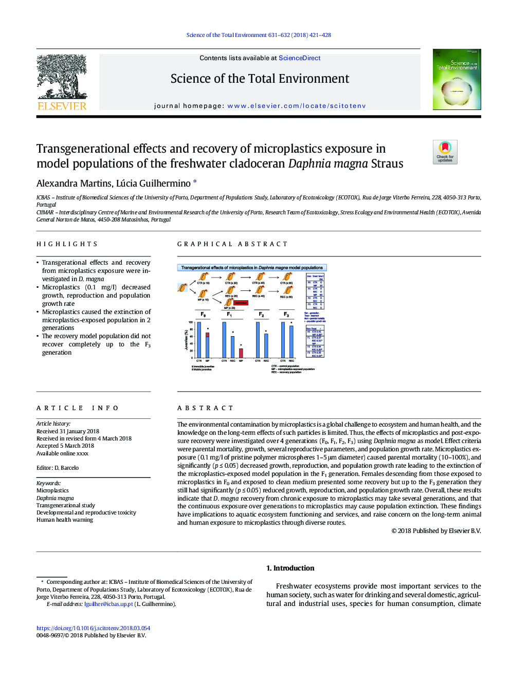 Transgenerational effects and recovery of microplastics exposure in model populations of the freshwater cladoceran Daphnia magna Straus