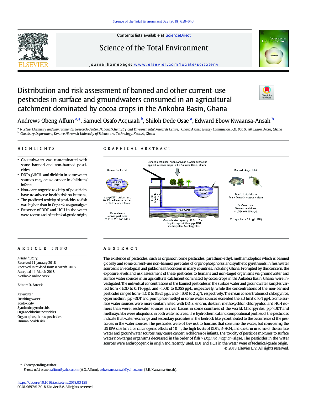 Distribution and risk assessment of banned and other current-use pesticides in surface and groundwaters consumed in an agricultural catchment dominated by cocoa crops in the Ankobra Basin, Ghana