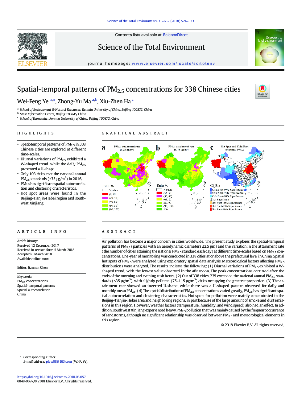Spatial-temporal patterns of PM2.5 concentrations for 338 Chinese cities