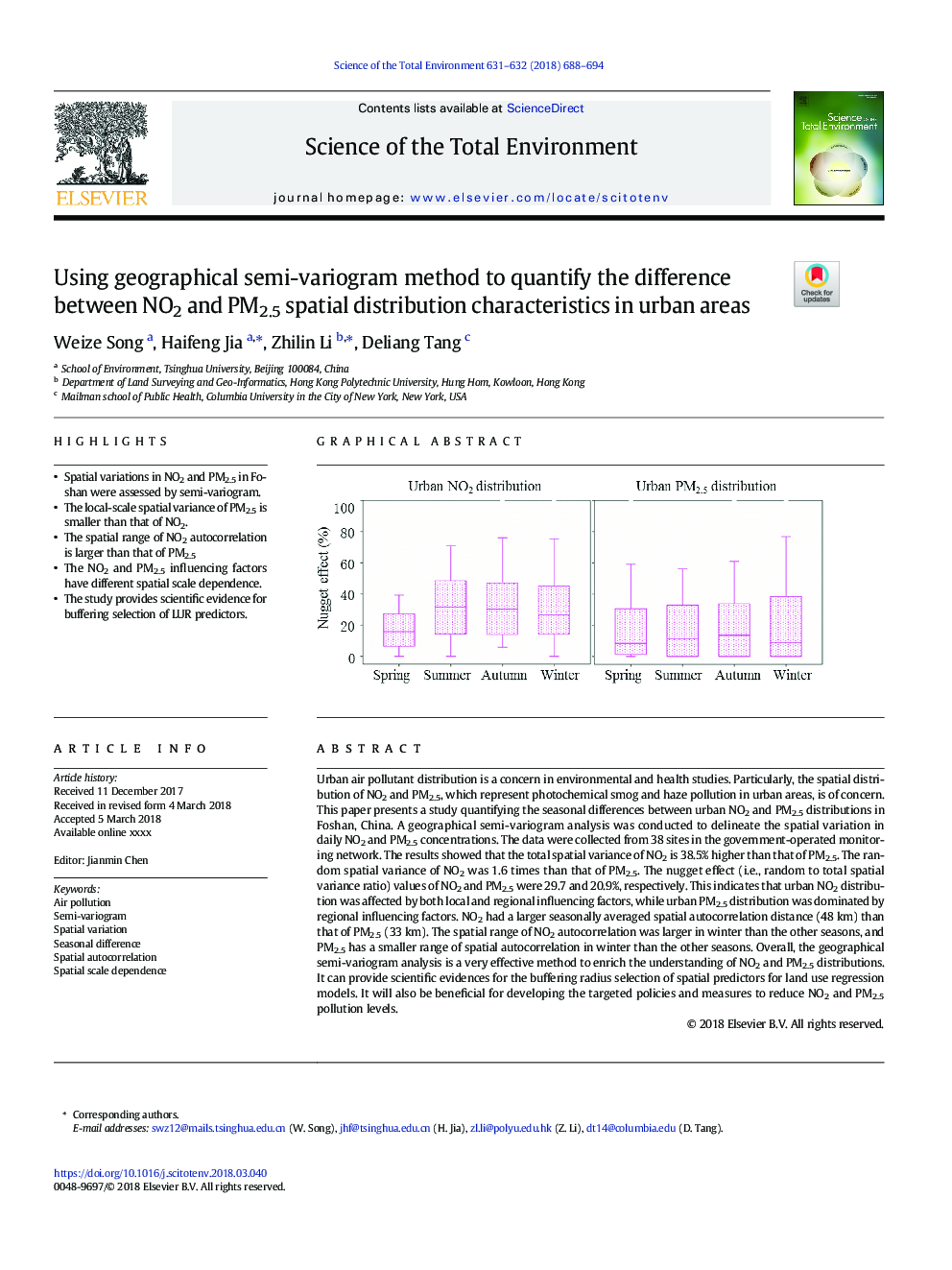 Using geographical semi-variogram method to quantify the difference between NO2 and PM2.5 spatial distribution characteristics in urban areas