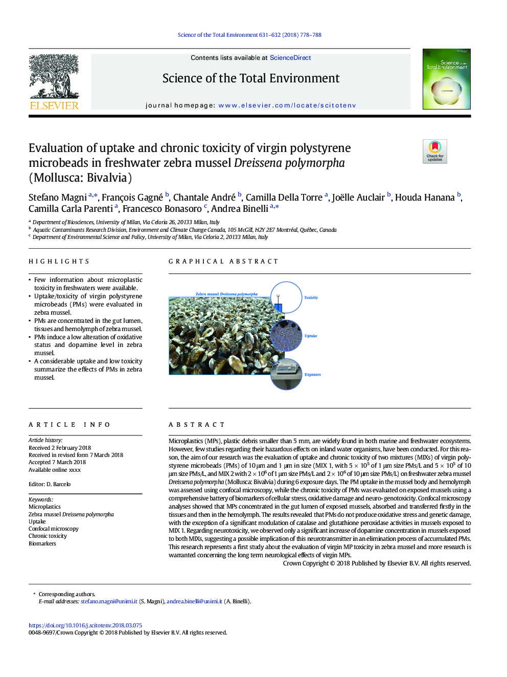 Evaluation of uptake and chronic toxicity of virgin polystyrene microbeads in freshwater zebra mussel Dreissena polymorpha (Mollusca: Bivalvia)