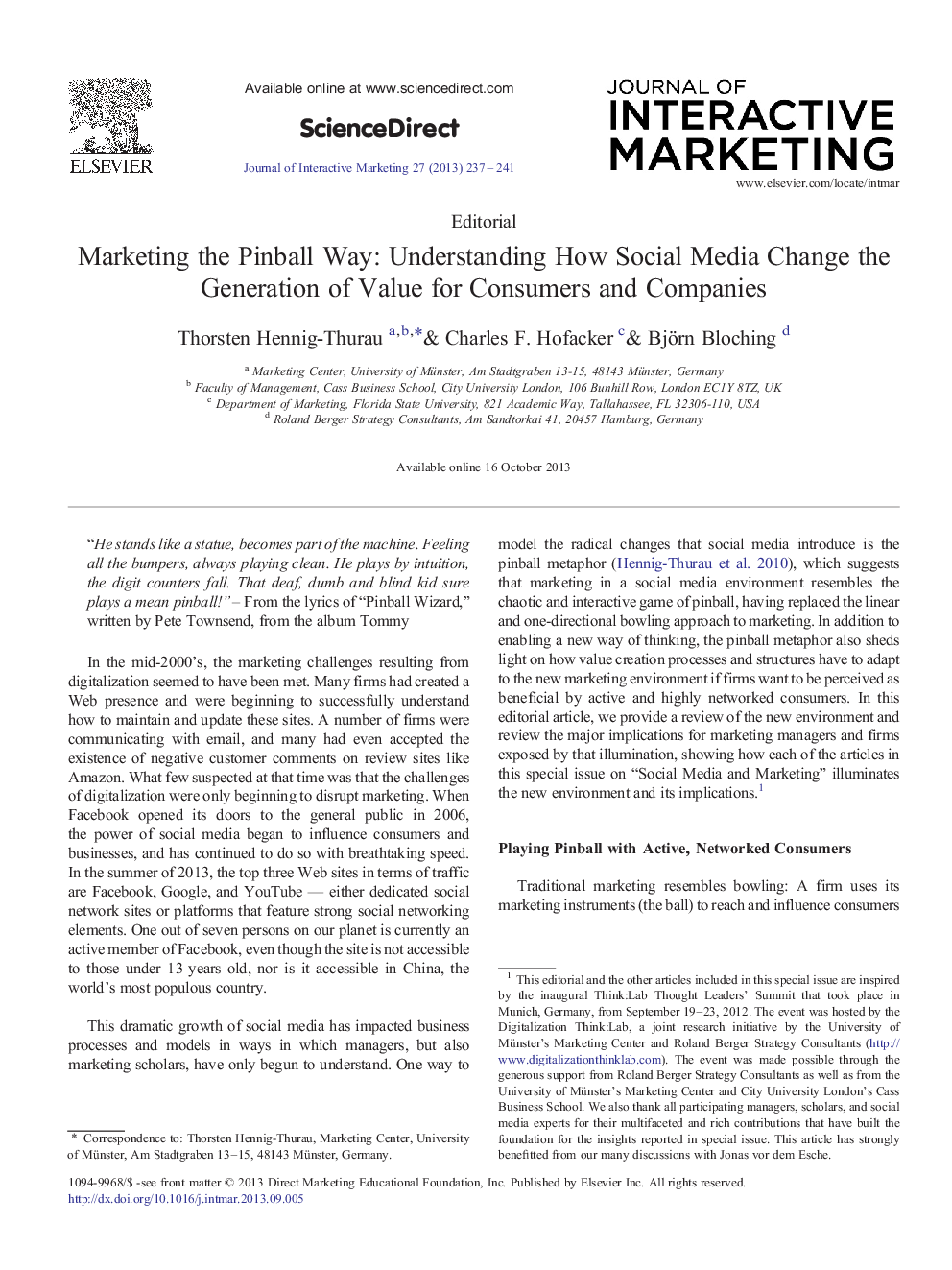 عکس صفحه اول مقاله: Marketing the Pinball Way: Understanding How Social Media Change the Generation of Value for Consumers and Companies Marketing the Pinball Way: Understanding How Social Media Change the Generation of Value for Consumers and Companies