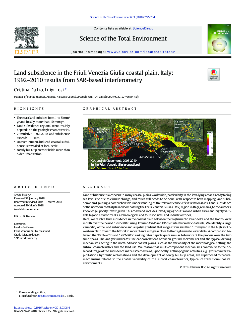 Land subsidence in the Friuli Venezia Giulia coastal plain, Italy: 1992-2010 results from SAR-based interferometry