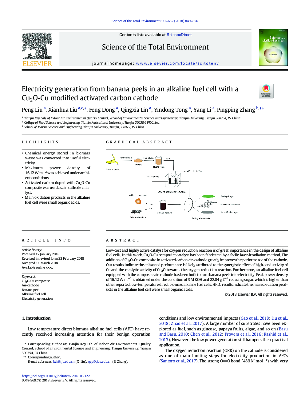 Electricity generation from banana peels in an alkaline fuel cell with a Cu2O-Cu modified activated carbon cathode