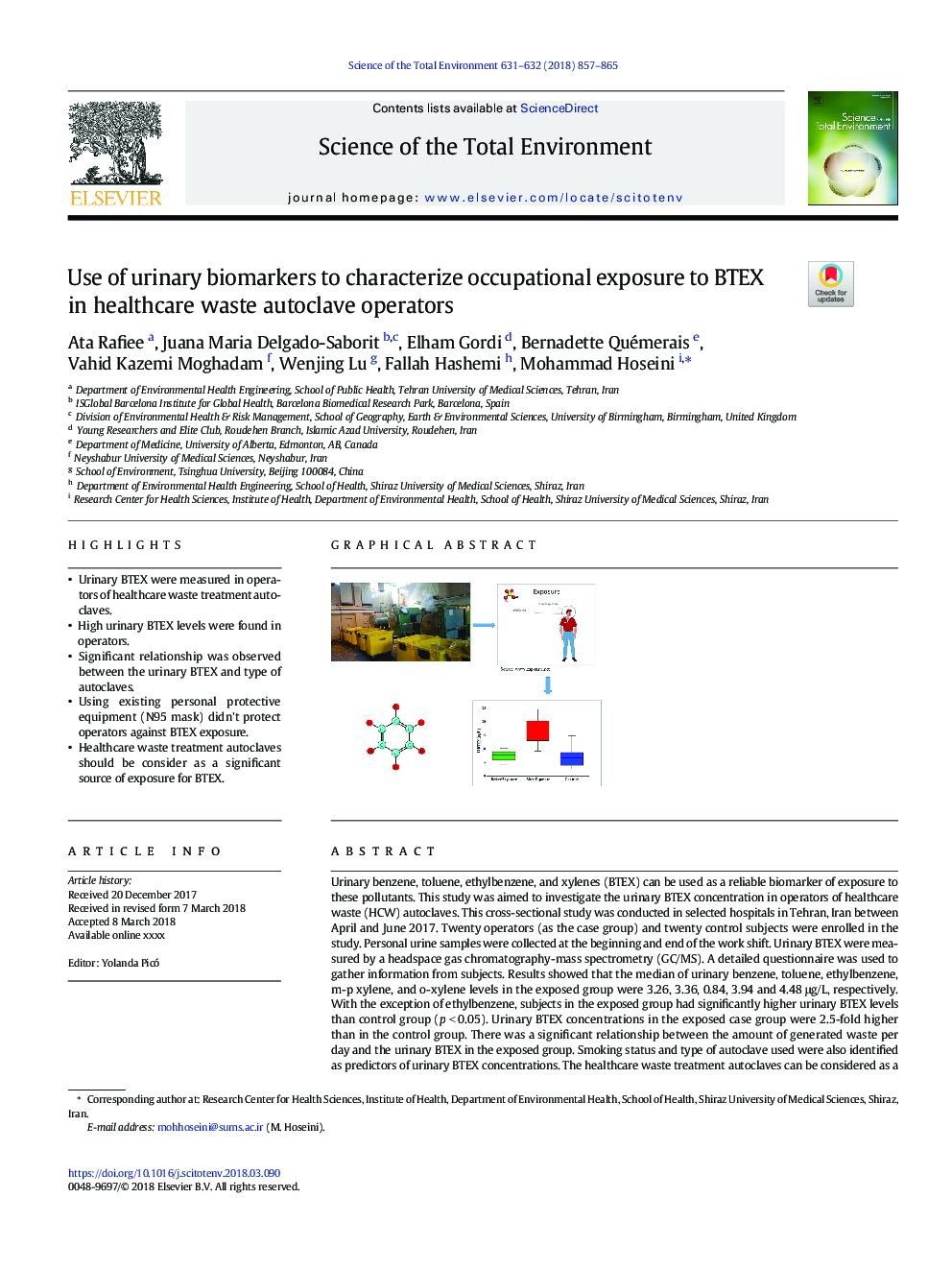 Use of urinary biomarkers to characterize occupational exposure to BTEX in healthcare waste autoclave operators