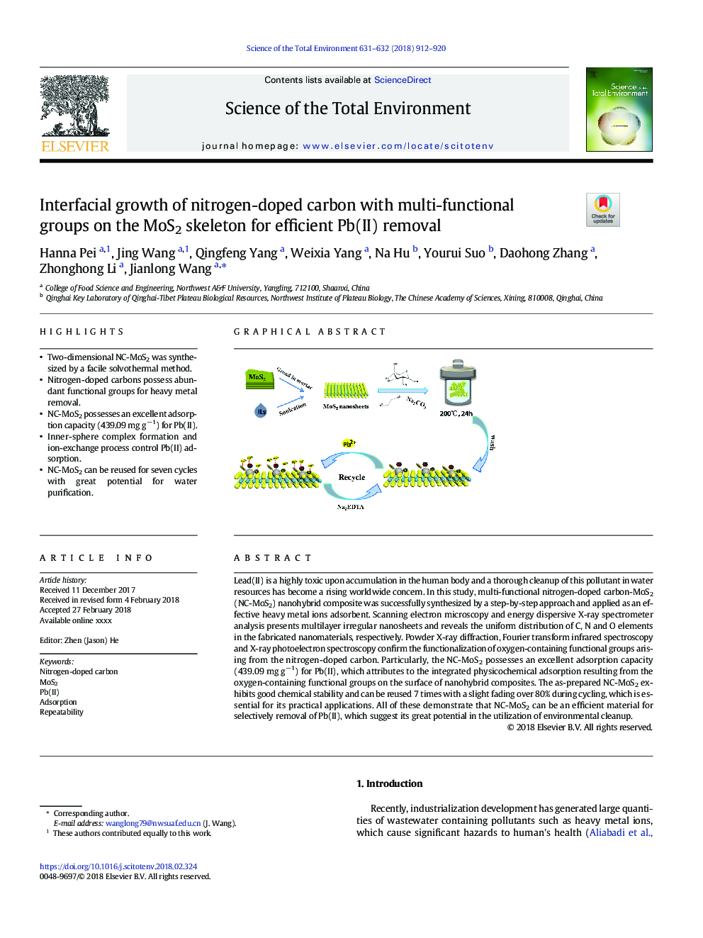 عکس صفحه اول مقاله: Interfacial growth of nitrogen-doped carbon with multi-functional groups on the MoS2 skeleton for efficient Pb(II) removal Interfacial growth of nitrogen-doped carbon with multi-functional groups on the MoS2 skeleton for efficient Pb(II) removal