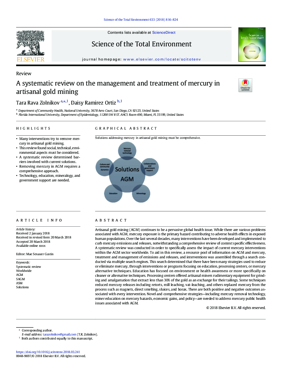 A systematic review on the management and treatment of mercury in artisanal gold mining