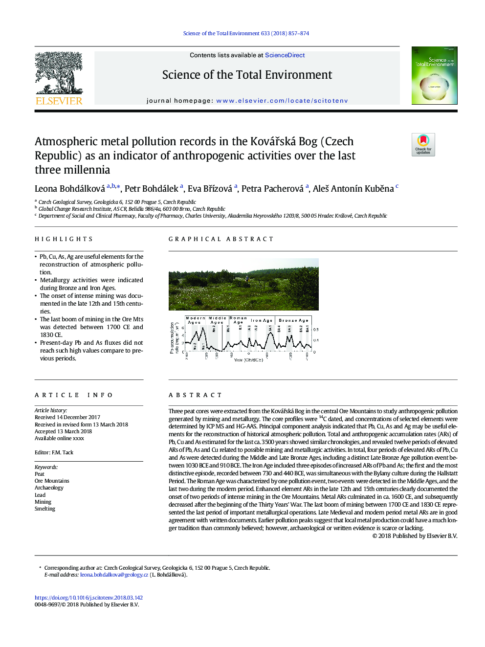 Atmospheric metal pollution records in the KováÅská Bog (Czech Republic) as an indicator of anthropogenic activities over the last three millennia