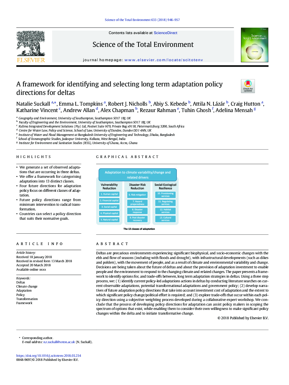 A framework for identifying and selecting long term adaptation policy directions for deltas