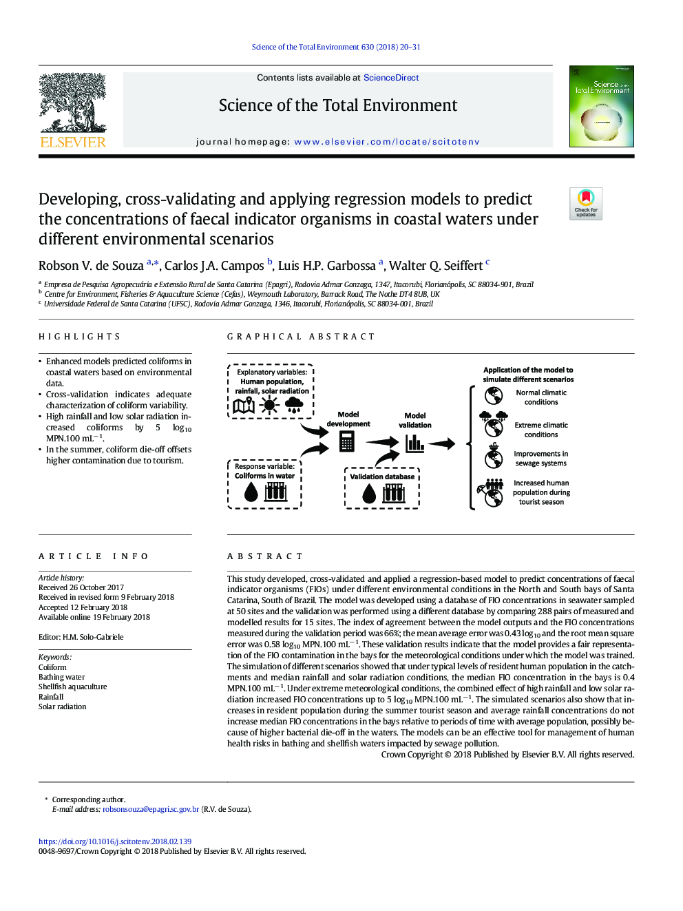 توسعه، اعتبارسنجی و استفاده از مدل های رگرسیون برای پیش بینی غلظت ارگانیسم های شاخص مدفوع در آب های ساحلی تحت سناریوهای مختلف محیطی 