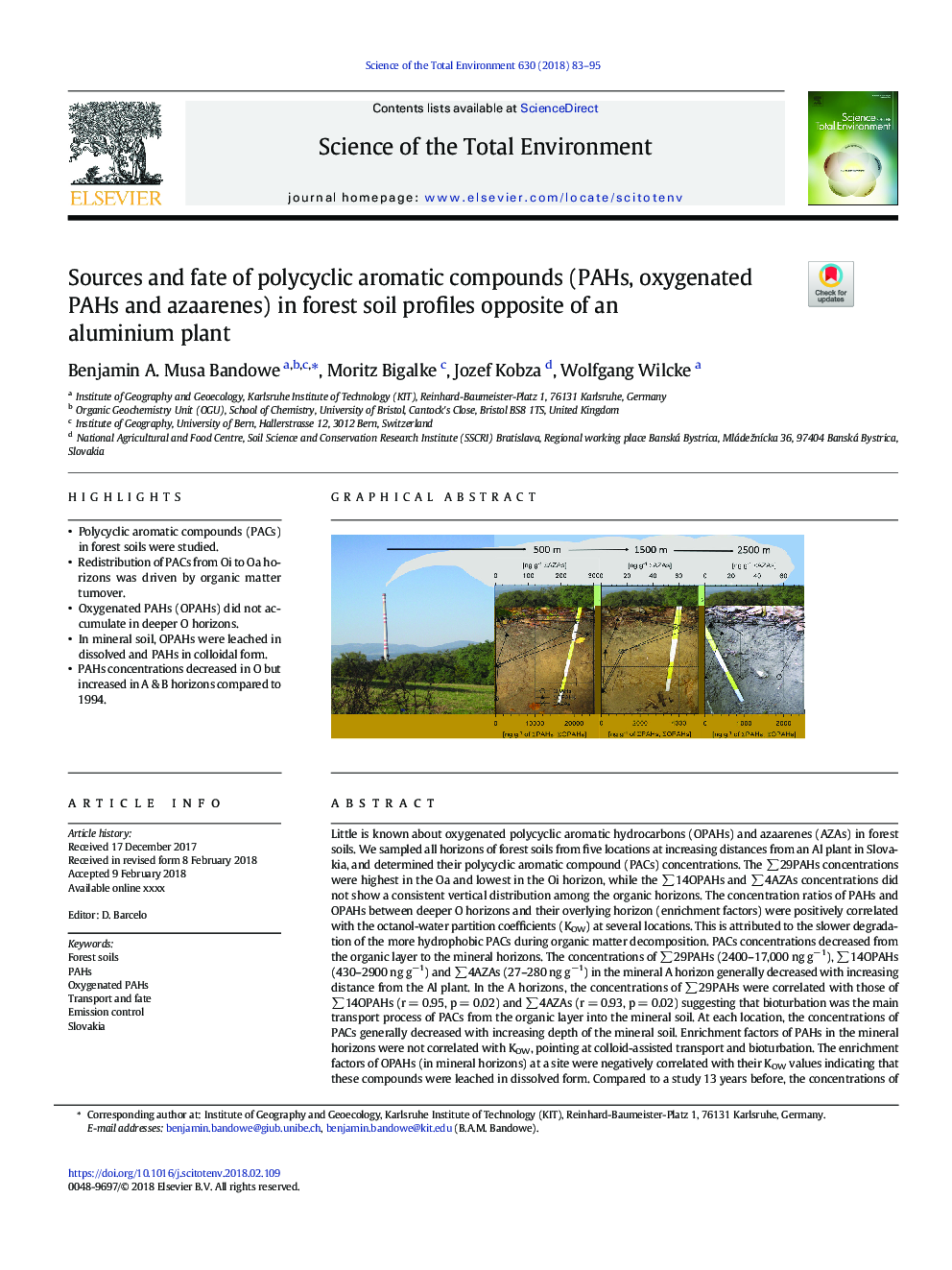 Sources and fate of polycyclic aromatic compounds (PAHs, oxygenated PAHs and azaarenes) in forest soil profiles opposite of an aluminium plant