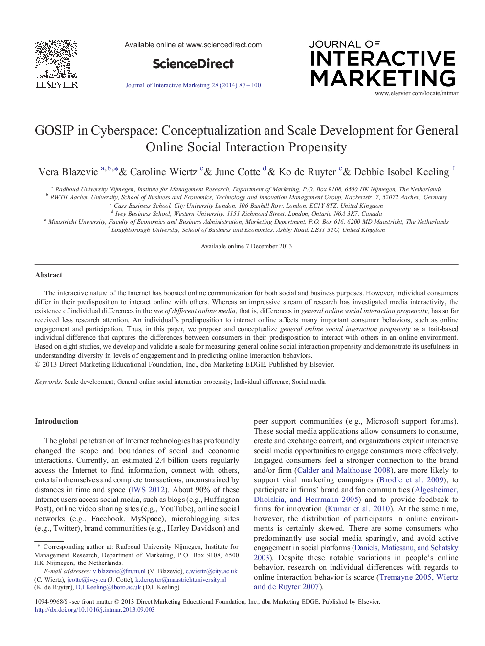 GOSIP in Cyberspace: Conceptualization and Scale Development for General Online Social Interaction Propensity