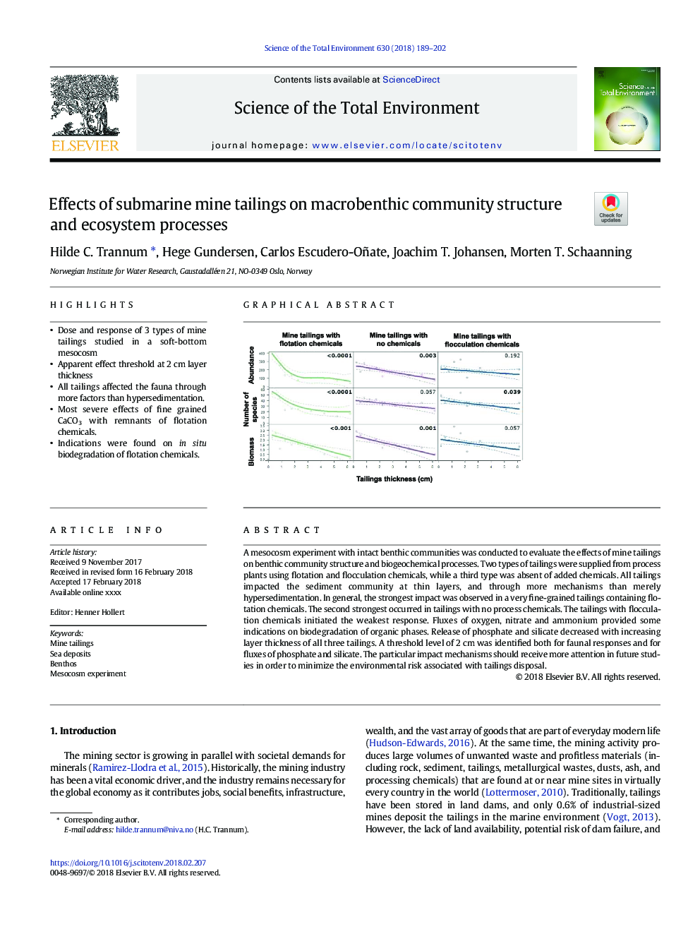 Effects of submarine mine tailings on macrobenthic community structure and ecosystem processes