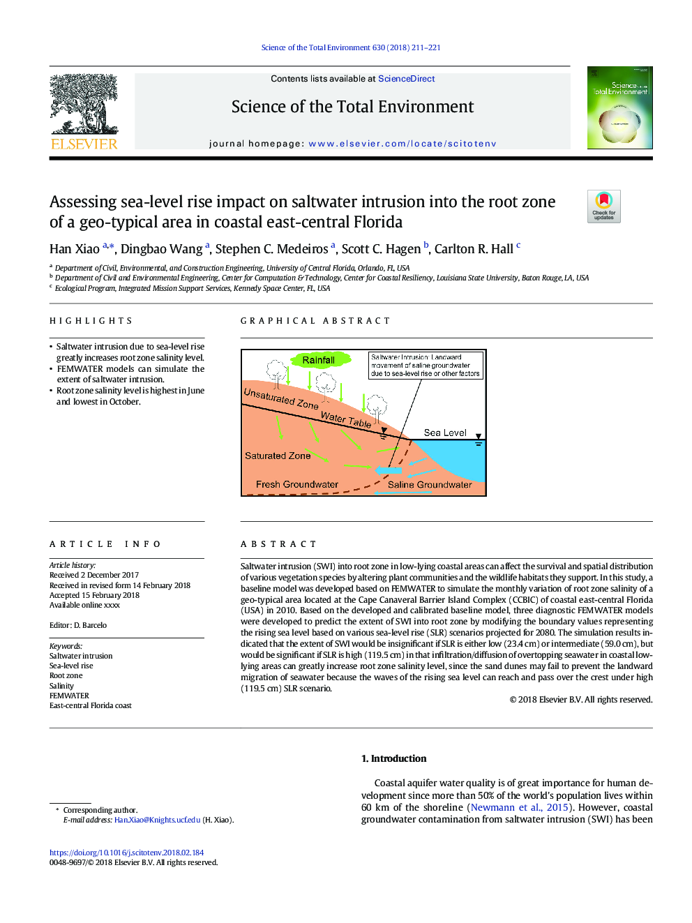 Assessing sea-level rise impact on saltwater intrusion into the root zone of a geo-typical area in coastal east-central Florida