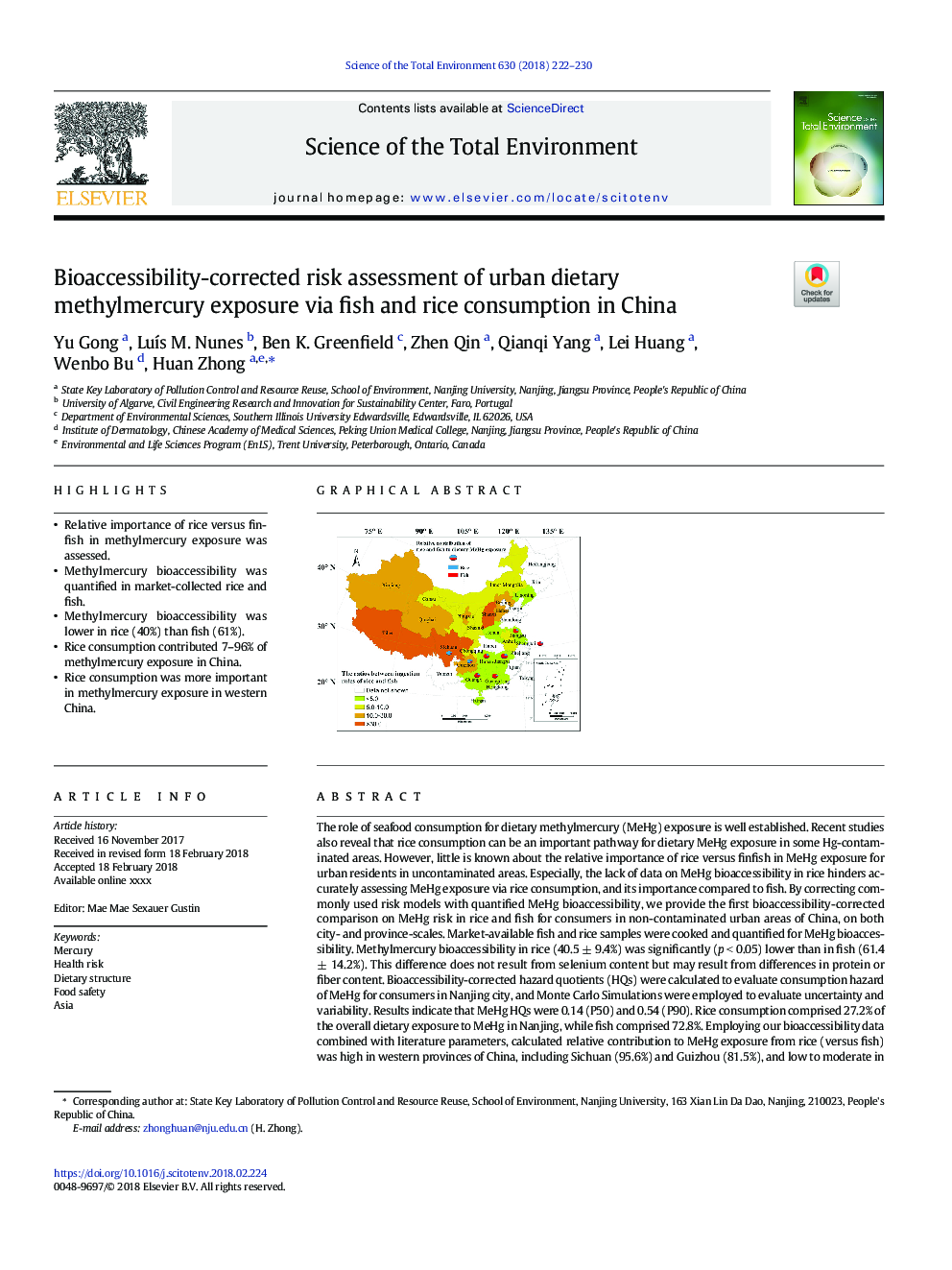 Bioaccessibility-corrected risk assessment of urban dietary methylmercury exposure via fish and rice consumption in China