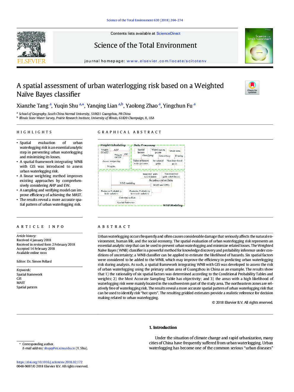 A spatial assessment of urban waterlogging risk based on a Weighted Naïve Bayes classifier