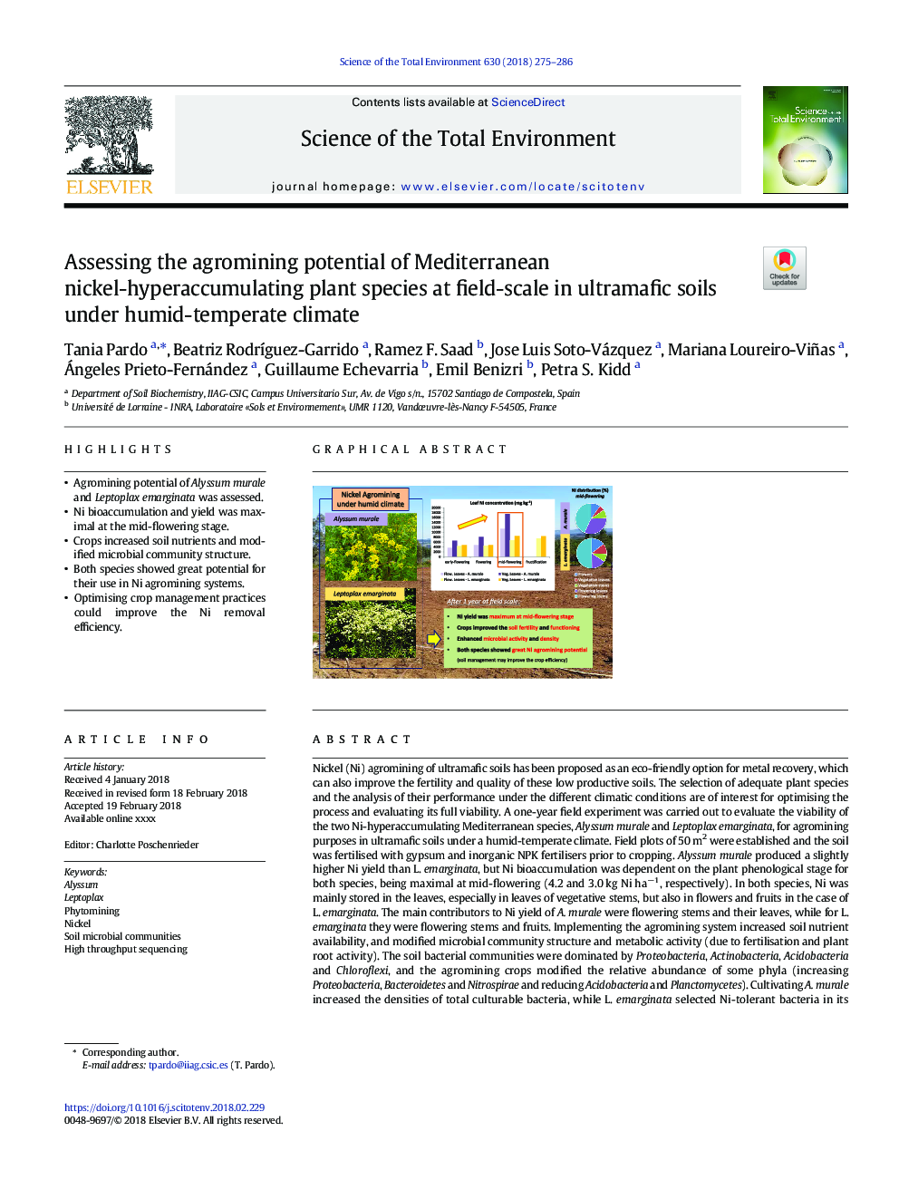 ارزیابی پتانسیل زراعی گونه های گیاهی غنی از نیکل مدیترانه ای در سطح زمین در خاک های اولترامافیک تحت شرایط آب و هوایی مرطوب 