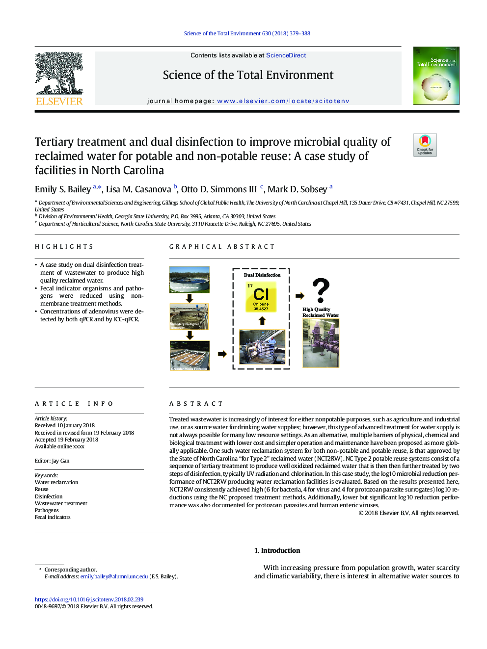 Tertiary treatment and dual disinfection to improve microbial quality of reclaimed water for potable and non-potable reuse: A case study of facilities in North Carolina