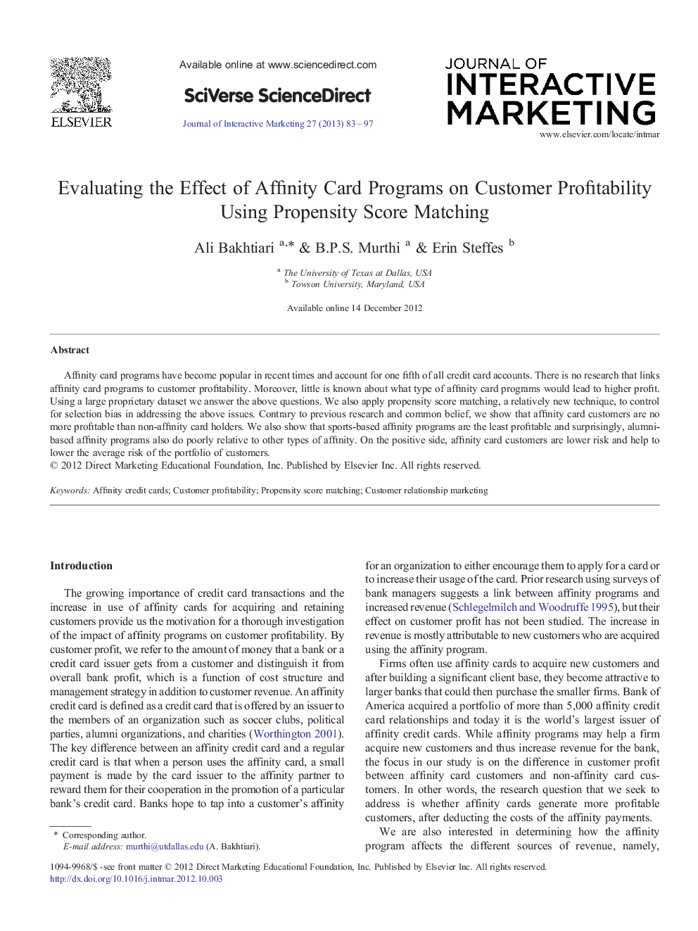 Evaluating the Effect of Affinity Card Programs on Customer Profitability Using Propensity Score Matching