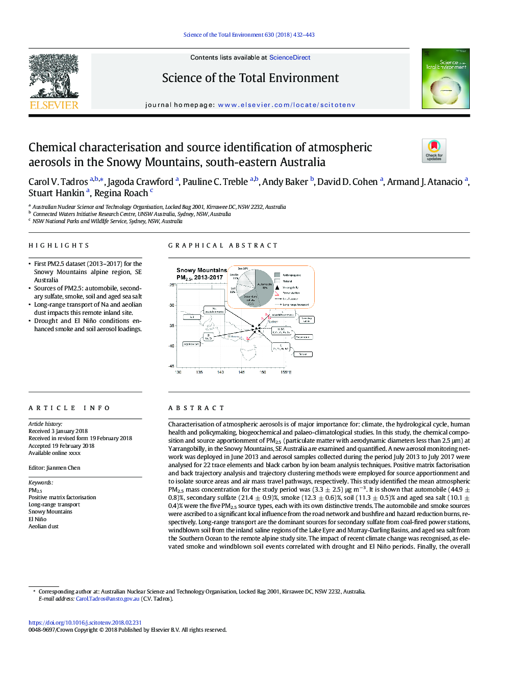 Chemical characterisation and source identification of atmospheric aerosols in the Snowy Mountains, south-eastern Australia