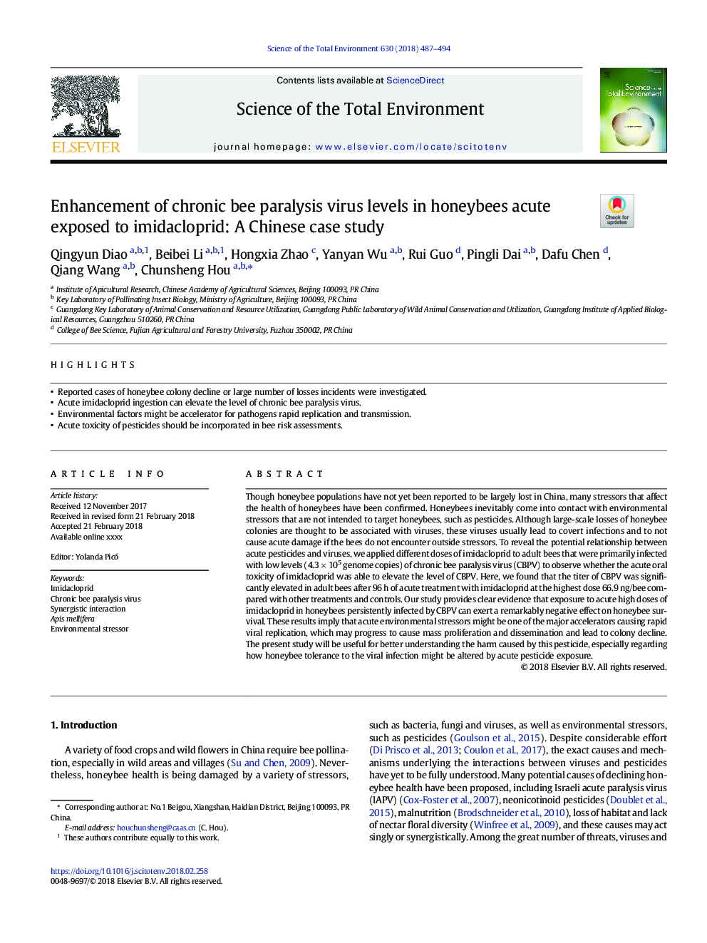 Enhancement of chronic bee paralysis virus levels in honeybees acute exposed to imidacloprid: A Chinese case study