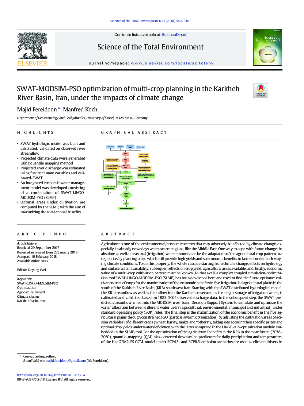 SWAT-MODSIM-PSO optimization of multi-crop planning in the Karkheh River Basin, Iran, under the impacts of climate change