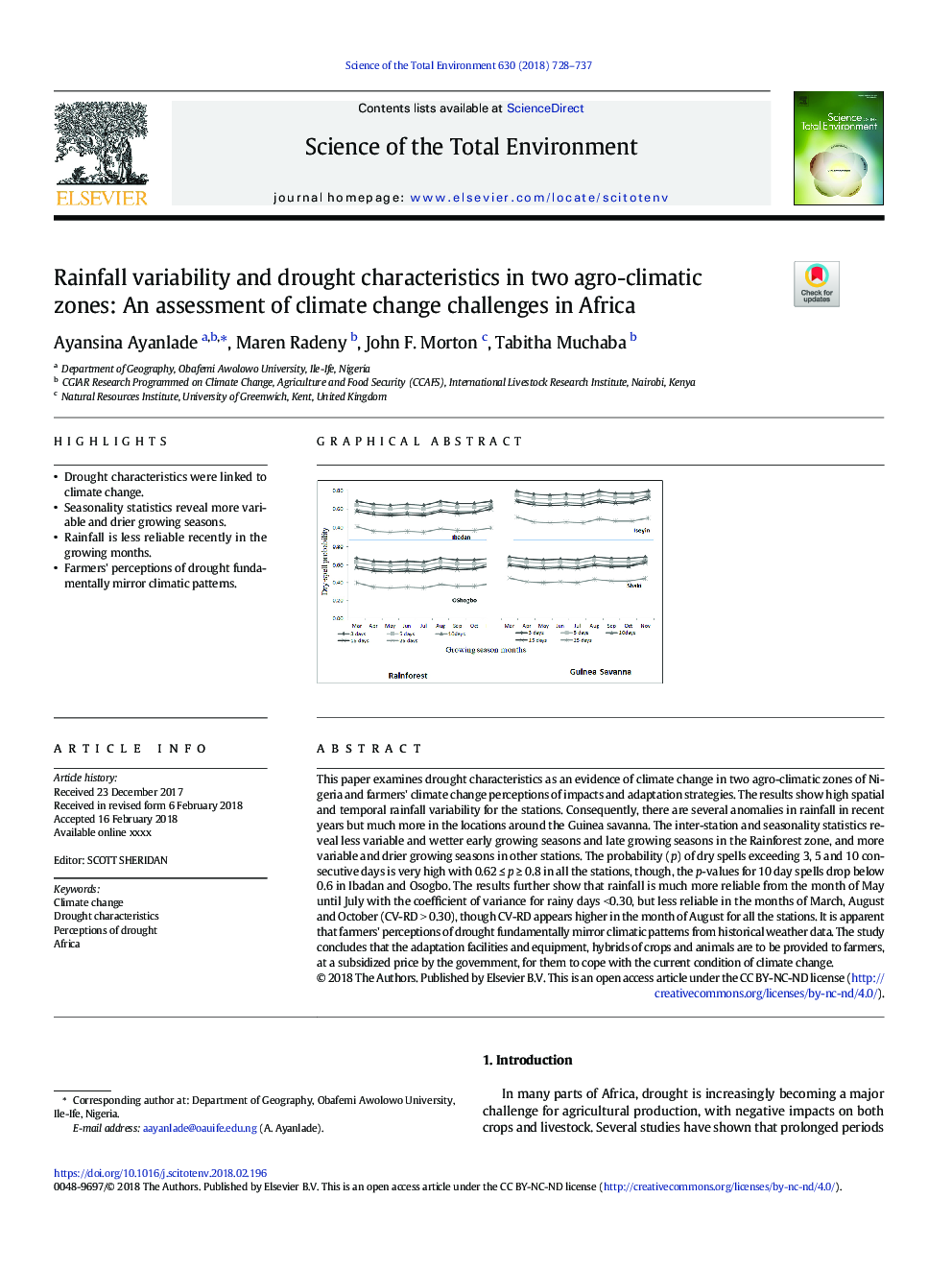 Rainfall variability and drought characteristics in two agro-climatic zones: An assessment of climate change challenges in Africa