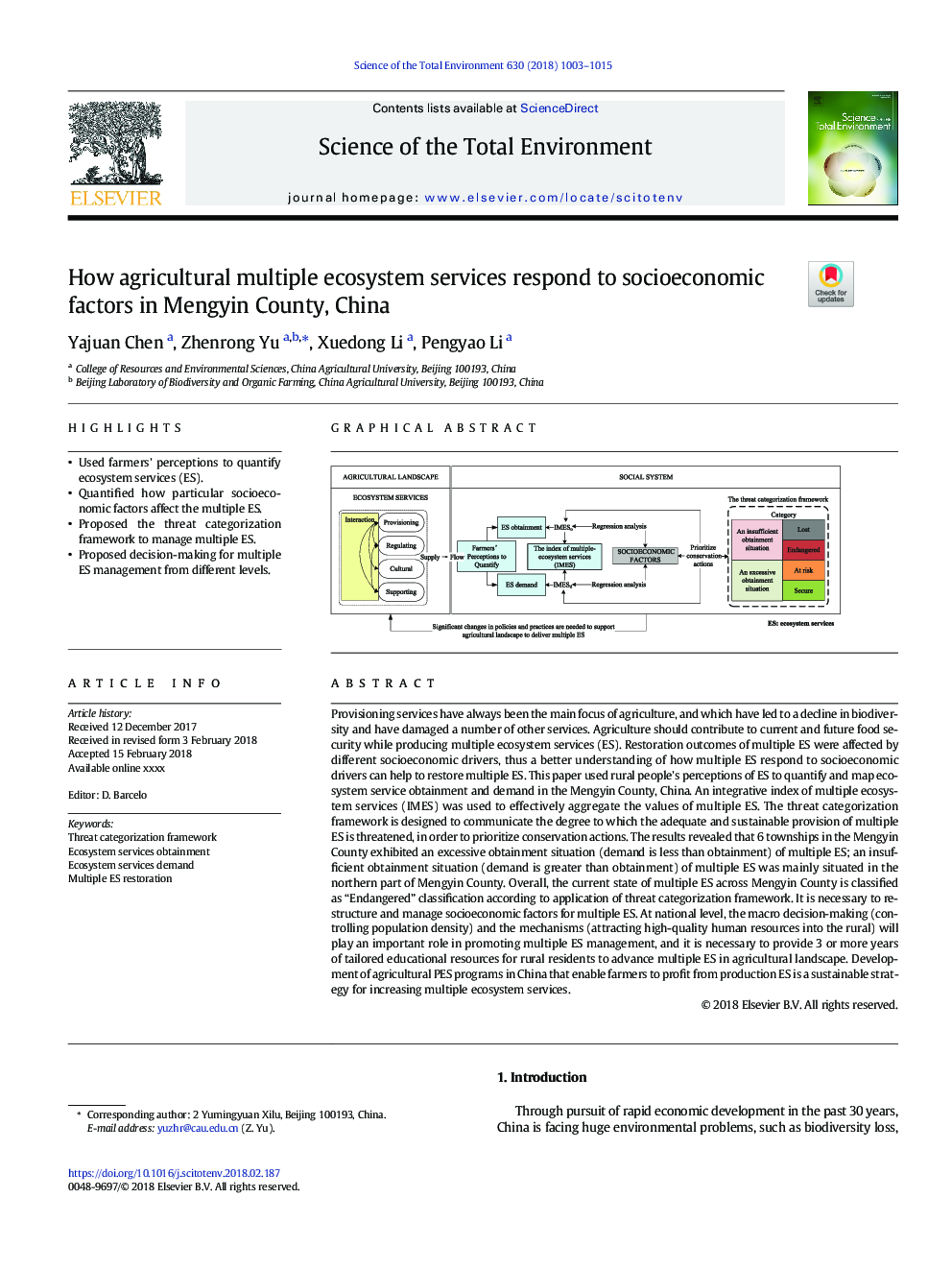 How agricultural multiple ecosystem services respond to socioeconomic factors in Mengyin County, China