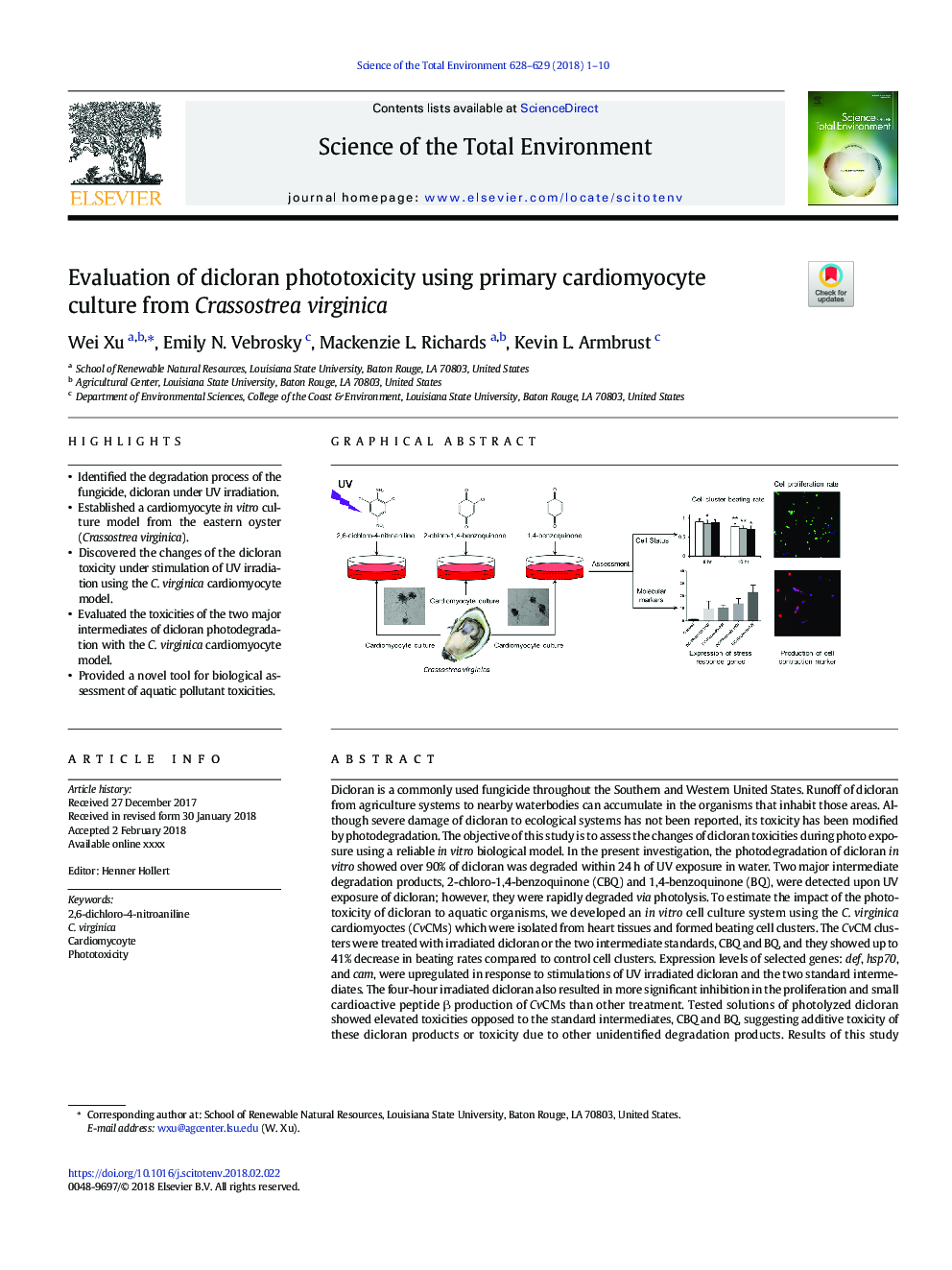 Evaluation of dicloran phototoxicity using primary cardiomyocyte culture from Crassostrea virginica