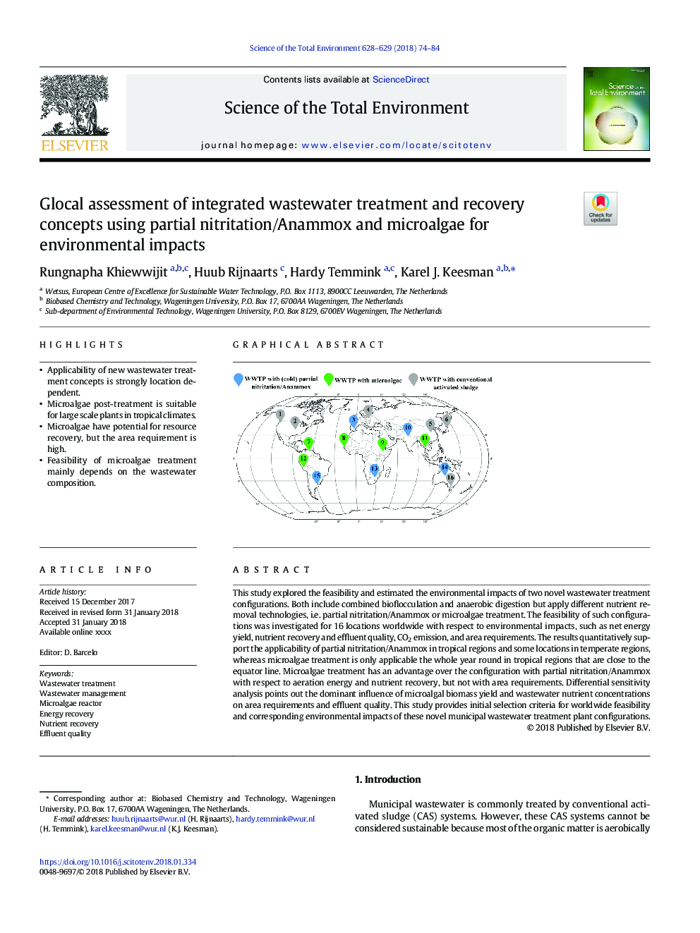 Glocal assessment of integrated wastewater treatment and recovery concepts using partial nitritation/Anammox and microalgae for environmental impacts