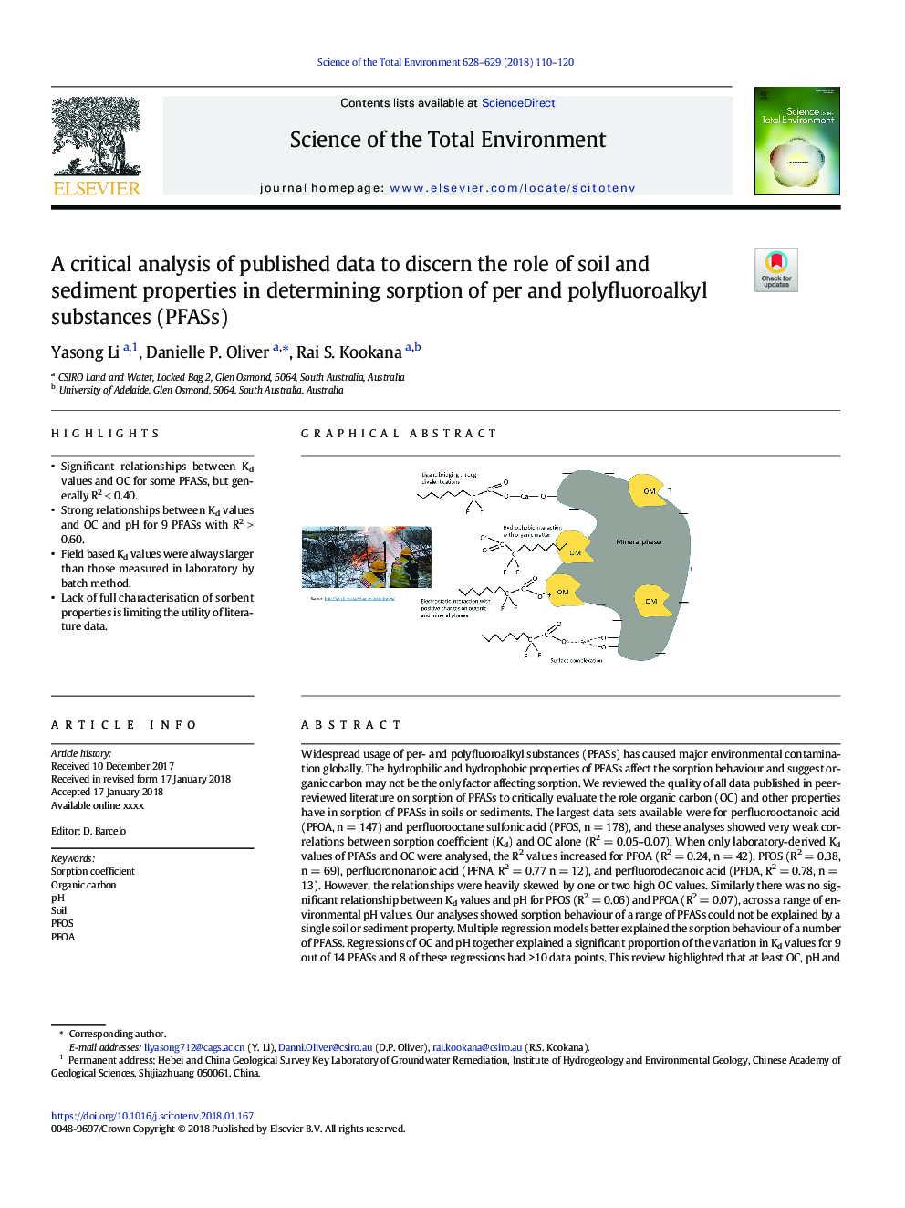 A critical analysis of published data to discern the role of soil and sediment properties in determining sorption of per and polyfluoroalkyl substances (PFASs)