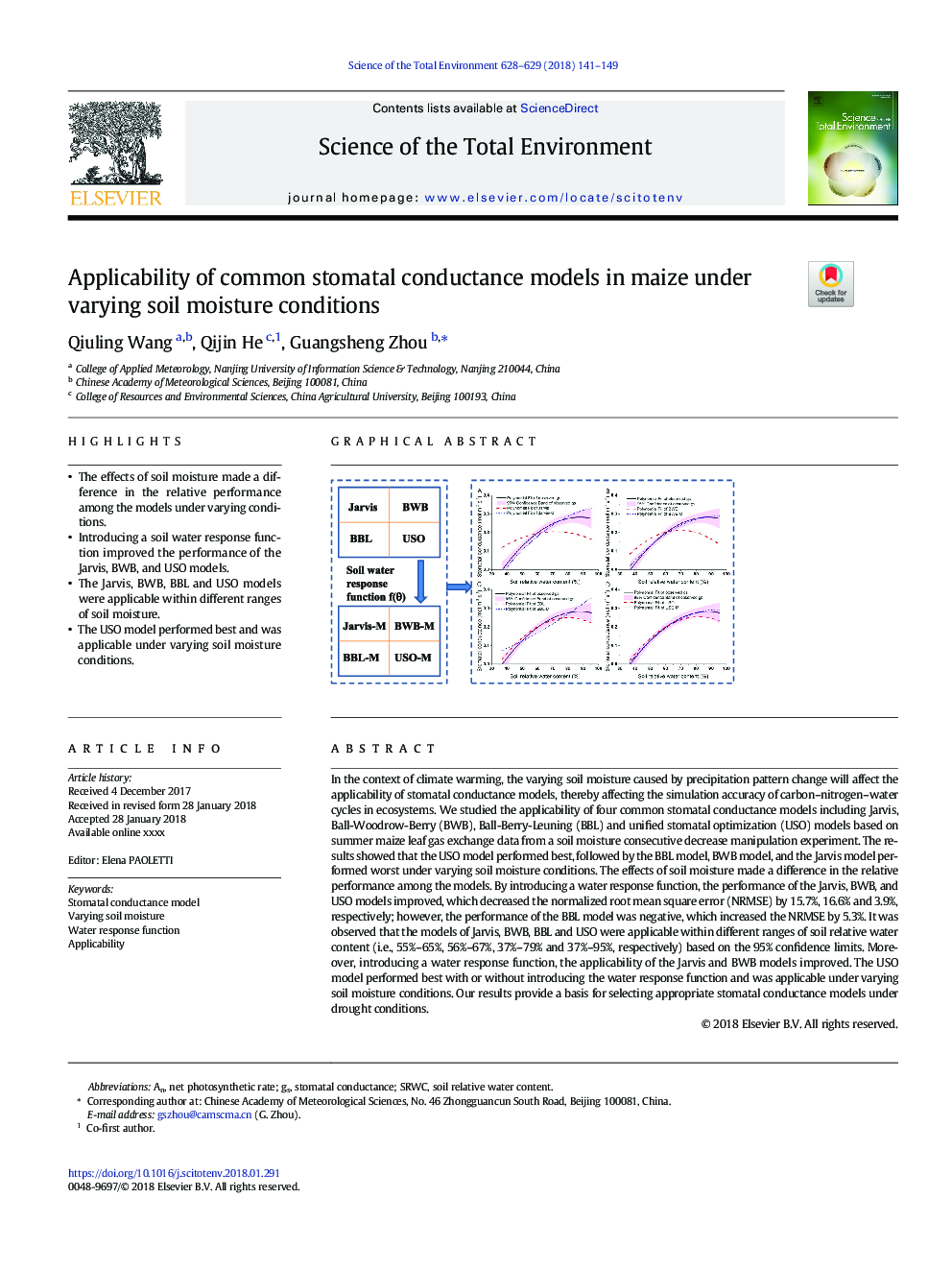 Applicability of common stomatal conductance models in maize under varying soil moisture conditions