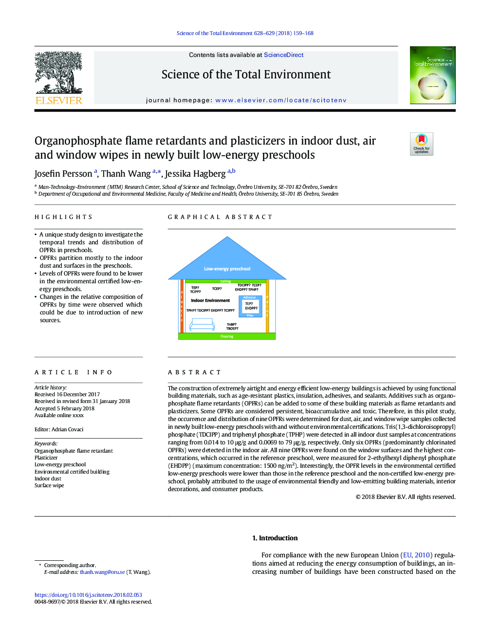 Organophosphate flame retardants and plasticizers in indoor dust, air and window wipes in newly built low-energy preschools