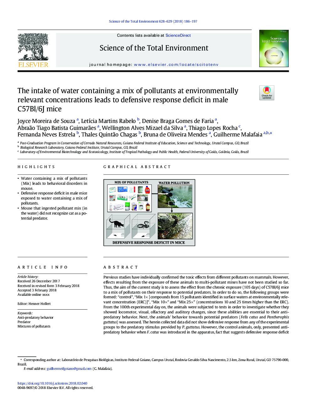 The intake of water containing a mix of pollutants at environmentally relevant concentrations leads to defensive response deficit in male C57Bl/6J mice