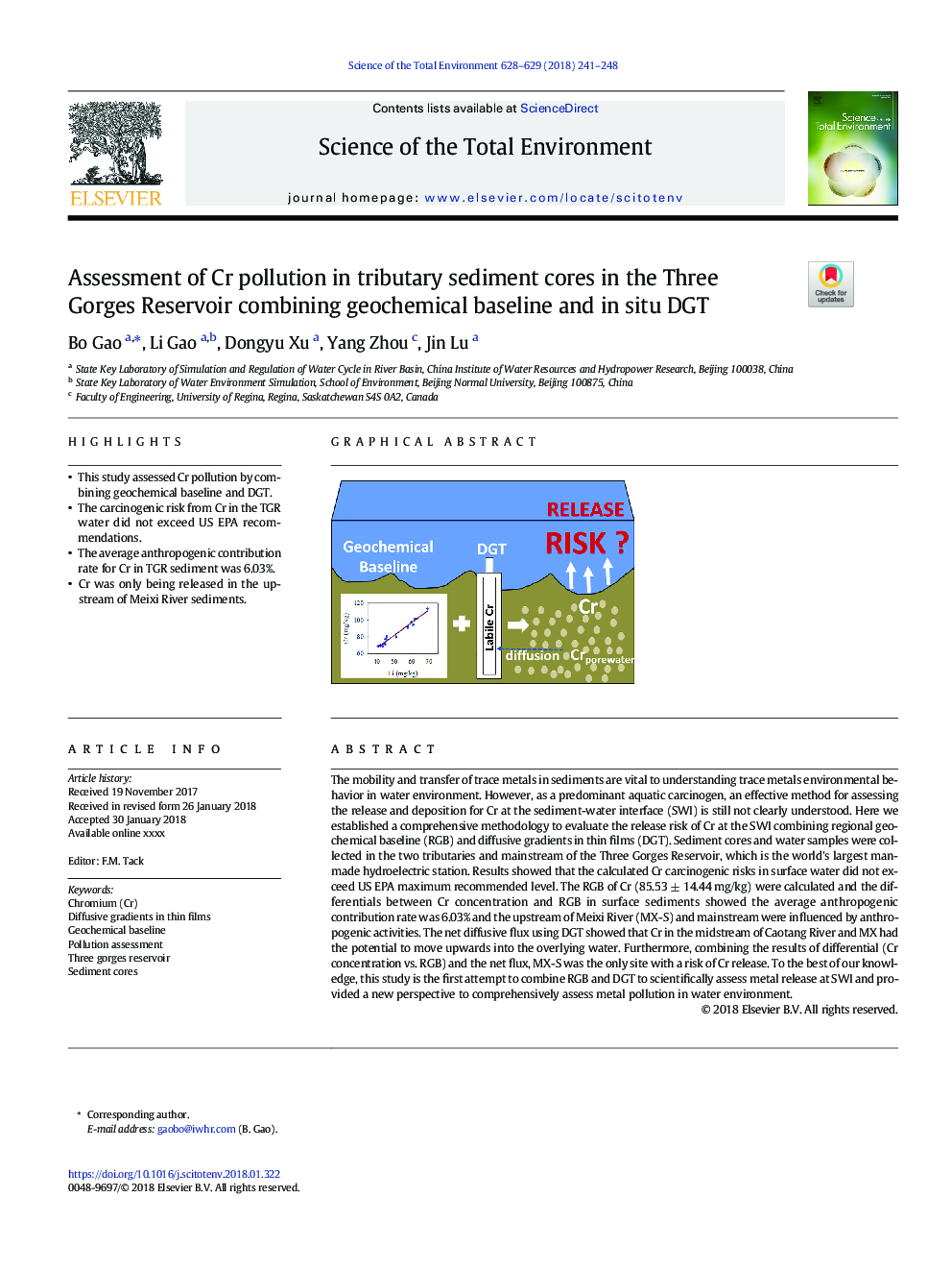 Assessment of Cr pollution in tributary sediment cores in the Three Gorges Reservoir combining geochemical baseline and in situ DGT