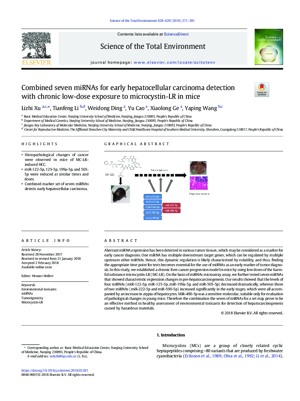 Combined seven miRNAs for early hepatocellular carcinoma detection with chronic low-dose exposure to microcystin-LR in mice