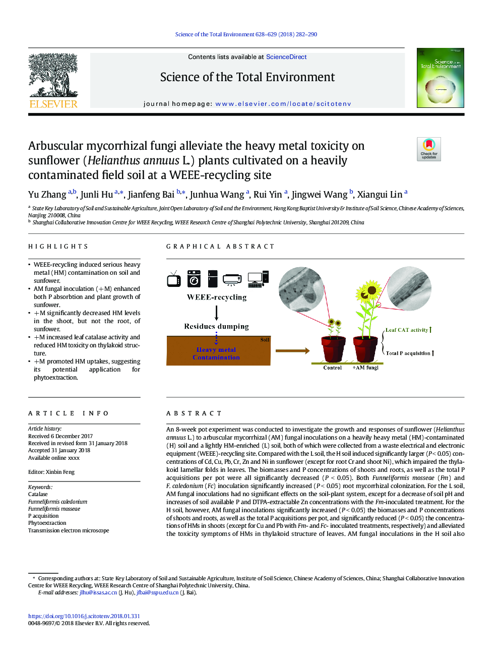 Arbuscular mycorrhizal fungi alleviate the heavy metal toxicity on sunflower (Helianthus annuus L.) plants cultivated on a heavily contaminated field soil at a WEEE-recycling site