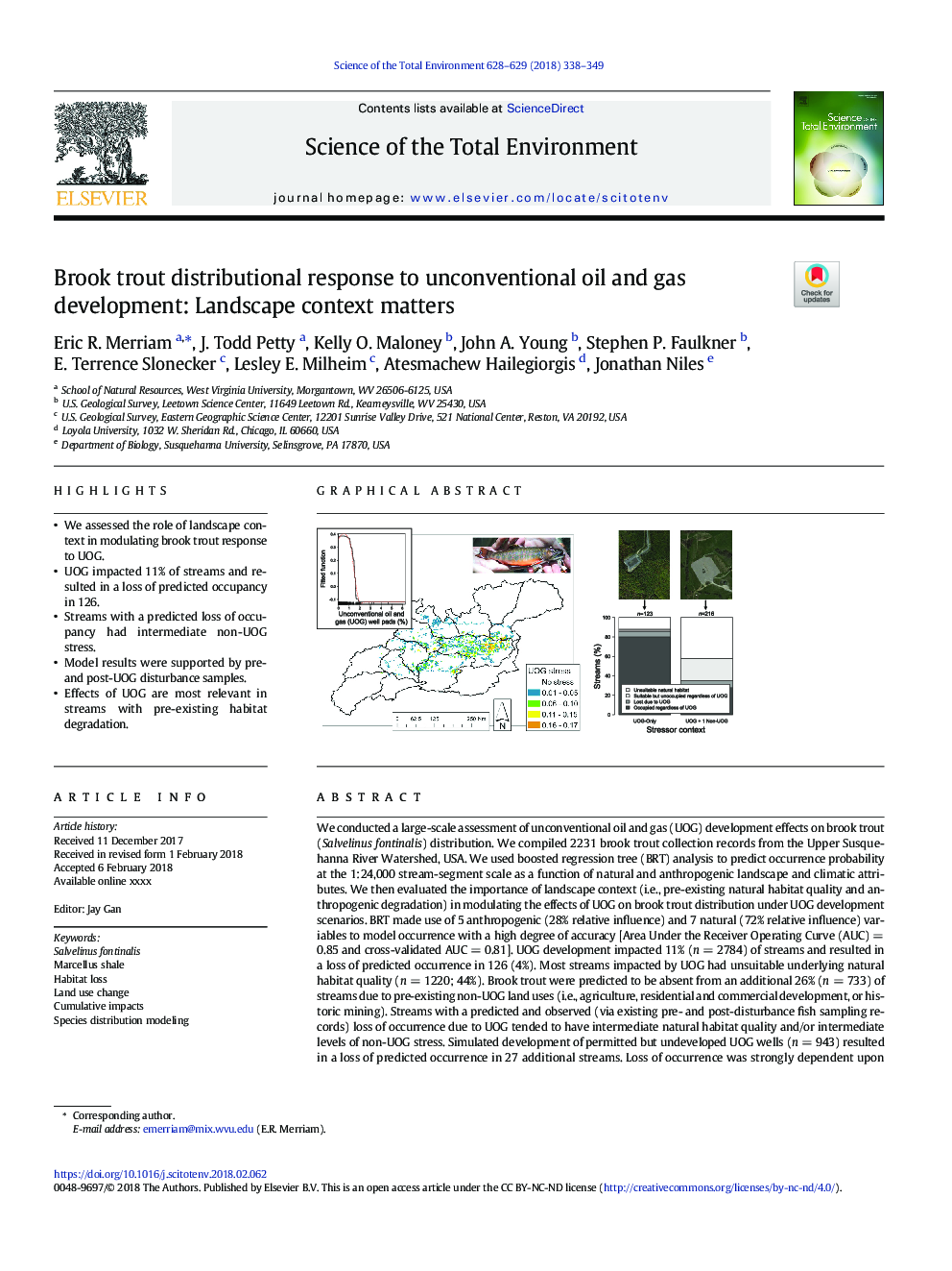 Brook trout distributional response to unconventional oil and gas development: Landscape context matters