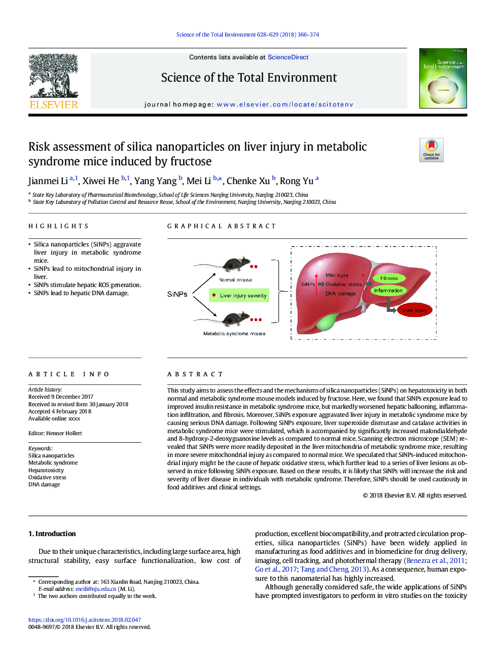 Risk assessment of silica nanoparticles on liver injury in metabolic syndrome mice induced by fructose