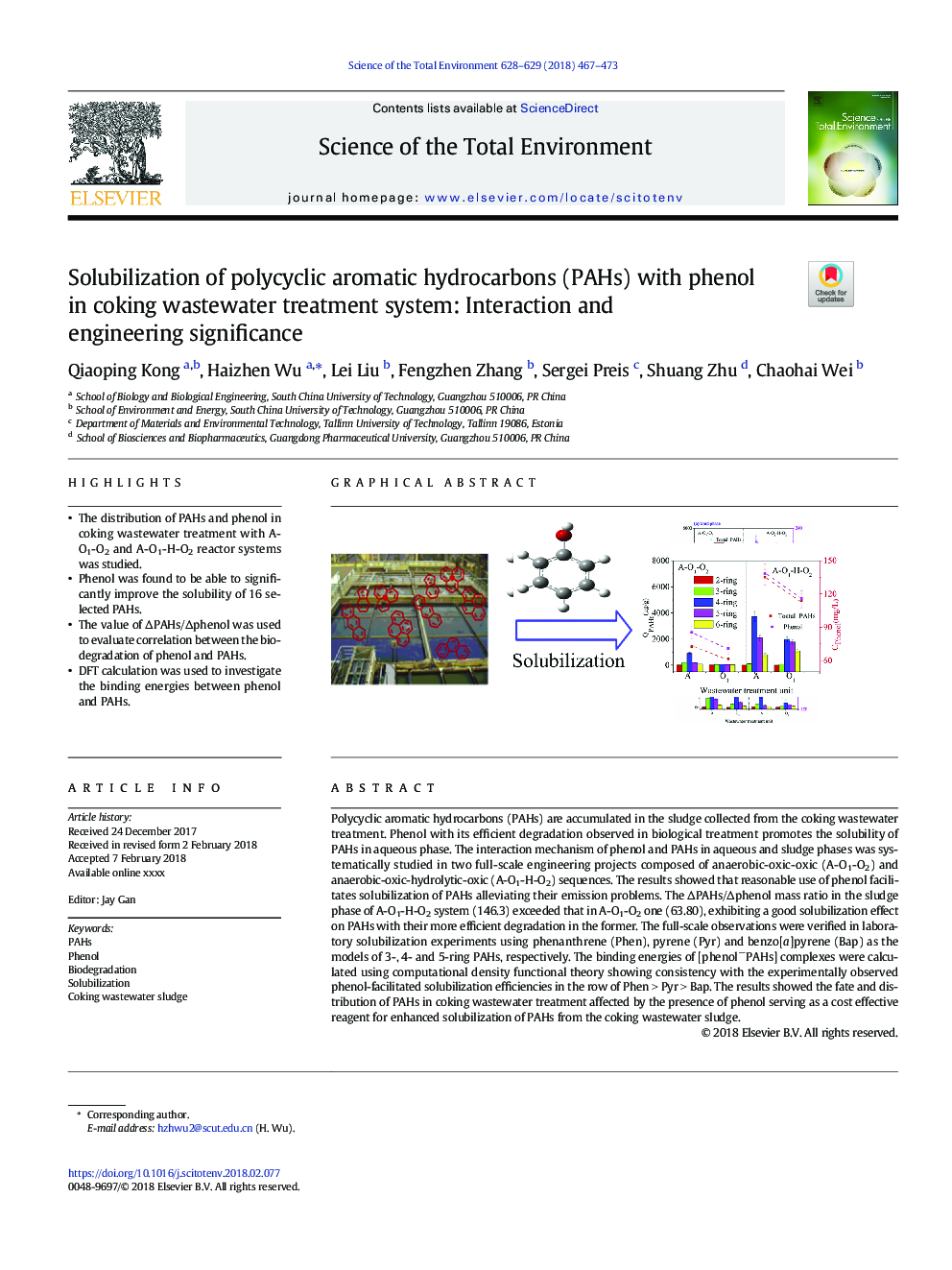 Solubilization of polycyclic aromatic hydrocarbons (PAHs) with phenol in coking wastewater treatment system: Interaction and engineering significance