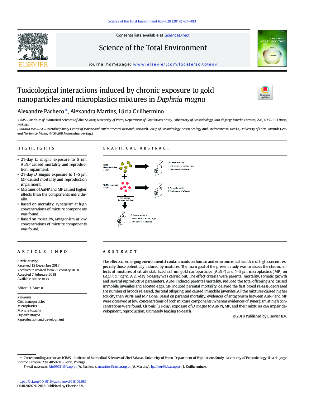 Toxicological interactions induced by chronic exposure to gold nanoparticles and microplastics mixtures in Daphnia magna