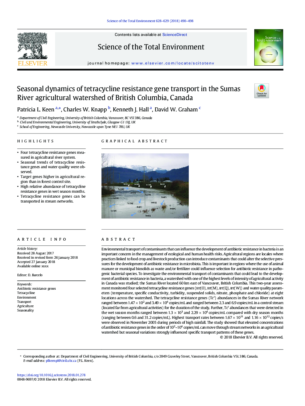 پویایی فصلی از انتقال ژن مقاومت به تتراسایکلین در حوزه آبخیز کشاورزی رودخانه سماس بریتیش کلمبیا، کانادا 