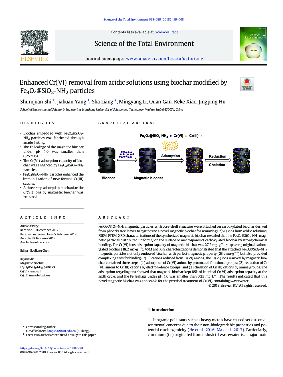 Enhanced Cr(VI) removal from acidic solutions using biochar modified by Fe3O4@SiO2-NH2 particles