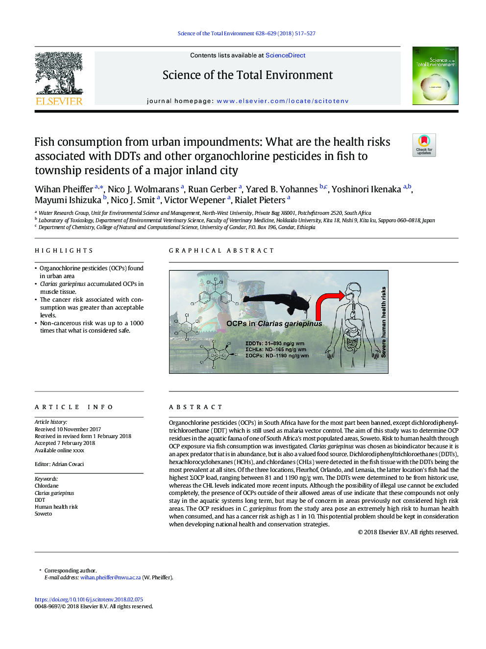 Fish consumption from urban impoundments: What are the health risks associated with DDTs and other organochlorine pesticides in fish to township residents of a major inland city