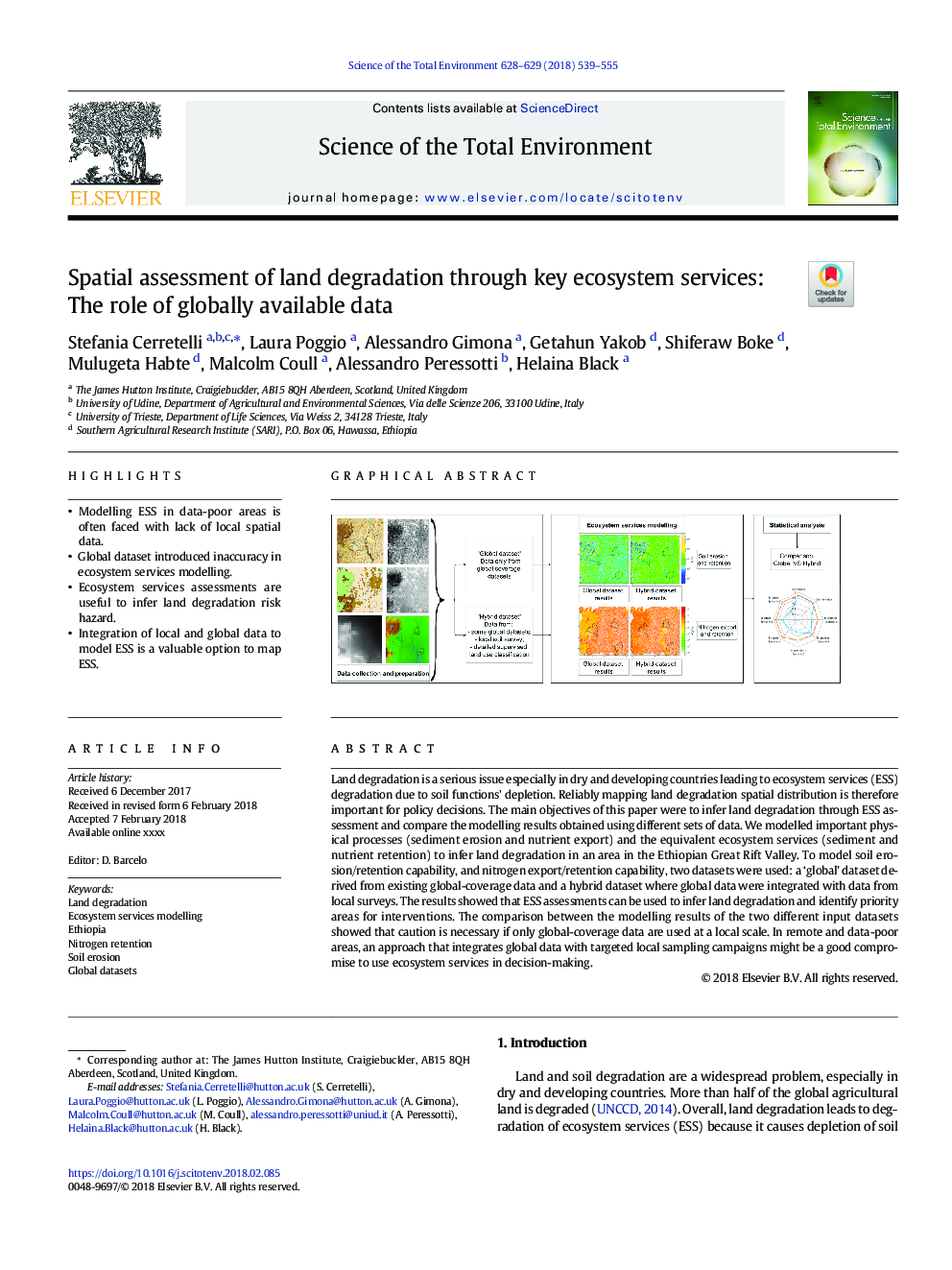 Spatial assessment of land degradation through key ecosystem services: The role of globally available data