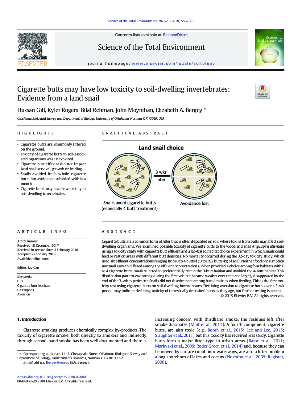 Cigarette butts may have low toxicity to soil-dwelling invertebrates: Evidence from a land snail