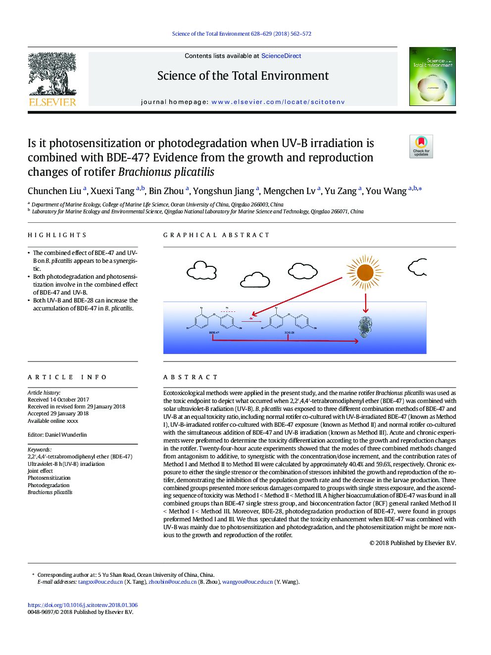 Is it photosensitization or photodegradation when UV-B irradiation is combined with BDE-47? Evidence from the growth and reproduction changes of rotifer Brachionus plicatilis