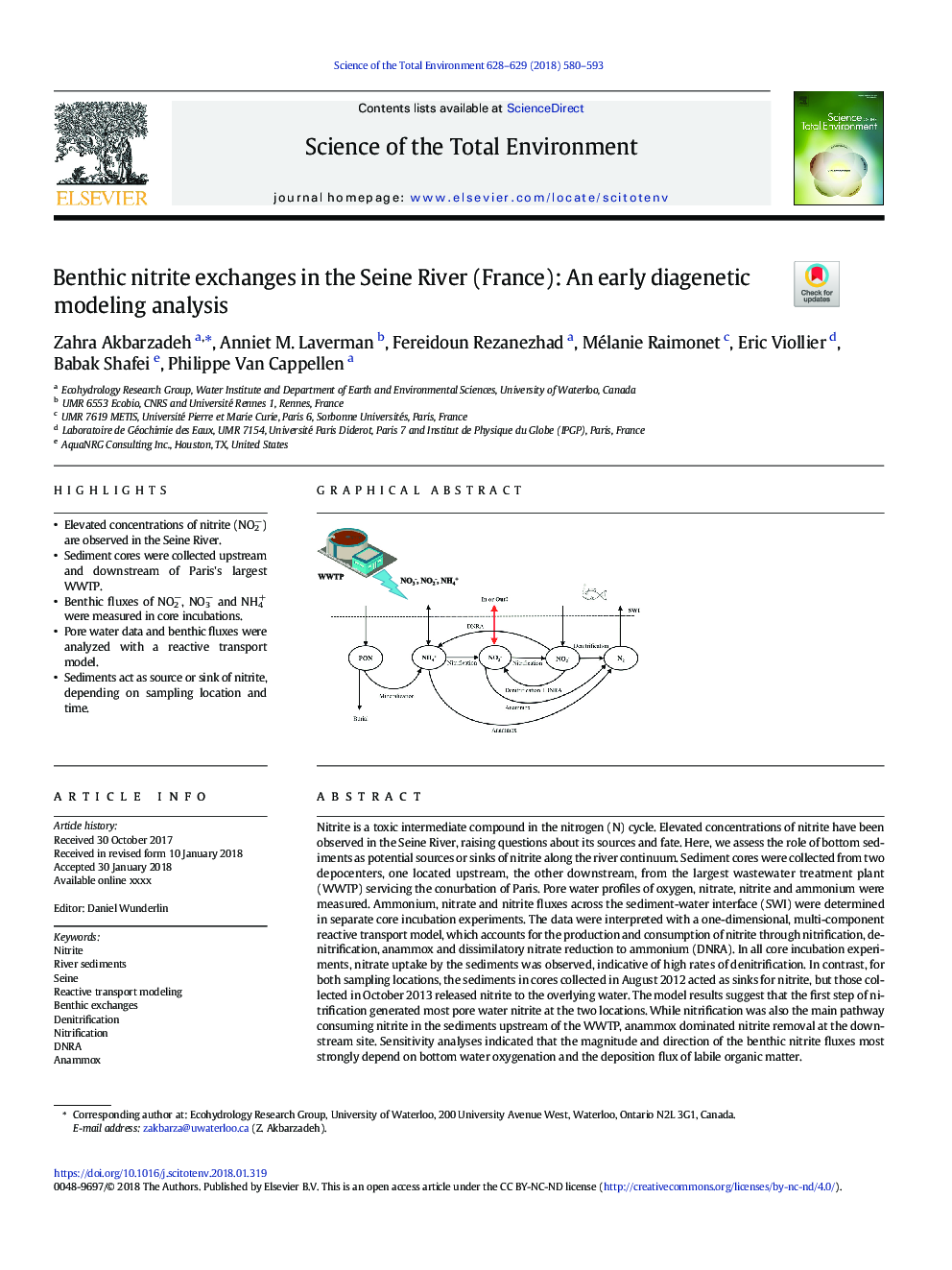 Benthic nitrite exchanges in the Seine River (France): An early diagenetic modeling analysis